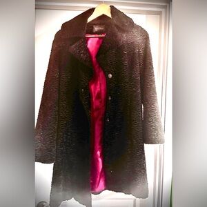 White House Black Market Black Textured Faux Fur Coat with Hot Pink Lining